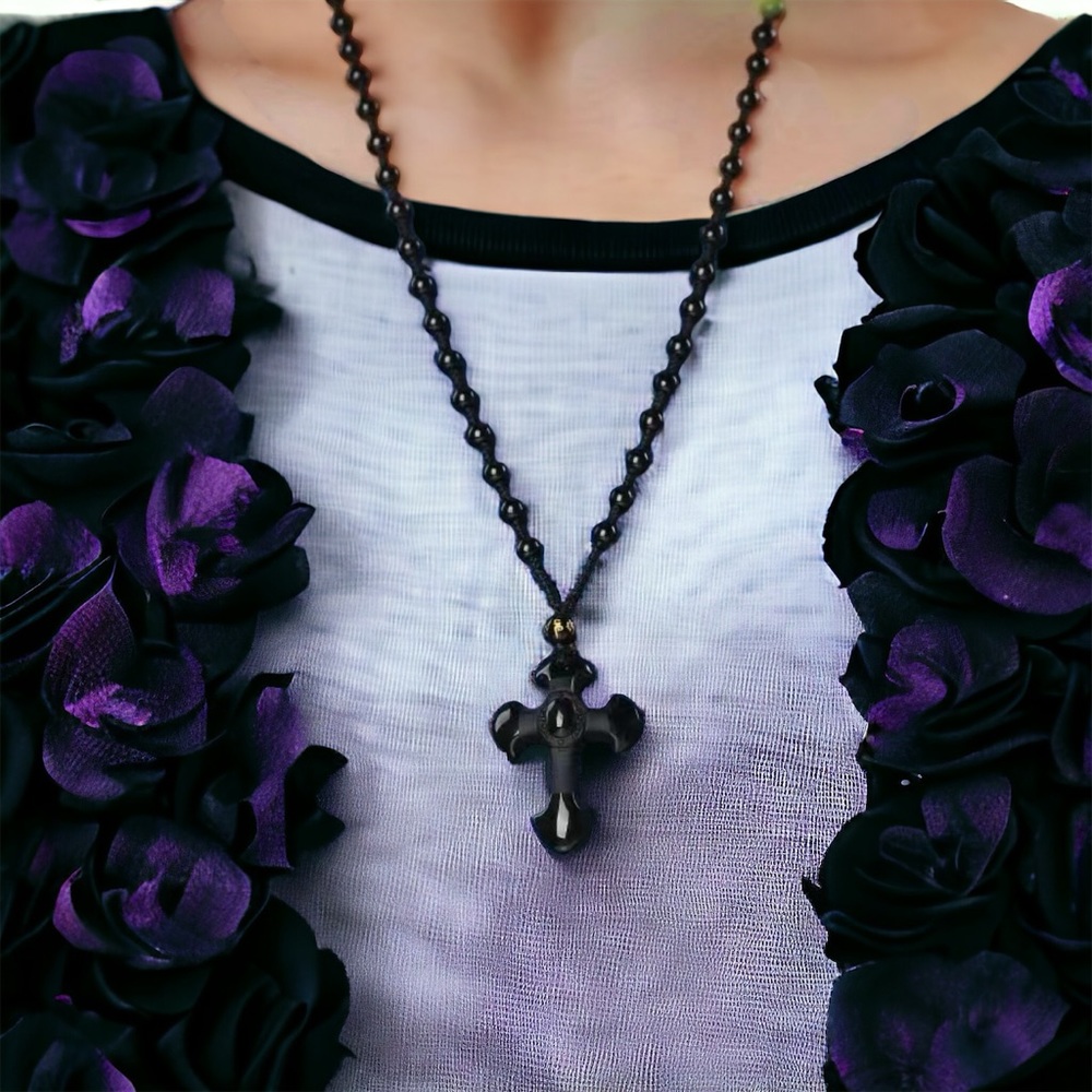 1pc Black Religious Christian Cross Fashion Obsidian Style Pendant Necklace - Picture 3 of 15